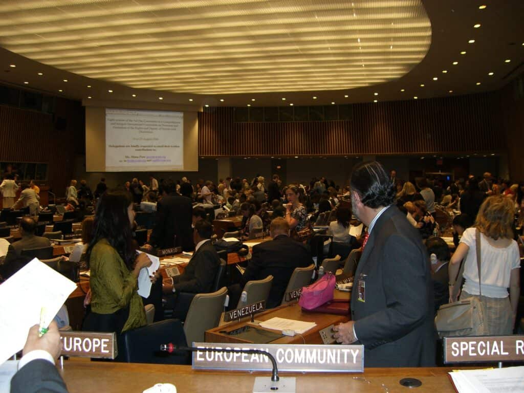 Förhandlingssalen i FN i början av Ad Hoc-kommitténs åttonde session, augusti 2006, med delegater samlade. Vissa sitter vid sina platser, andra går runt och pratar med varandra, på en filmduk längst in i salen projiceras ett suddigt worddokument med information om att det är Ad Hoc-kommitténs åttonde session. I förgrunden syns namnskyltar med …urope, European Community och Special R…. Längre fram syns Venezuela och Monaco medan de andra är skymda av människor.