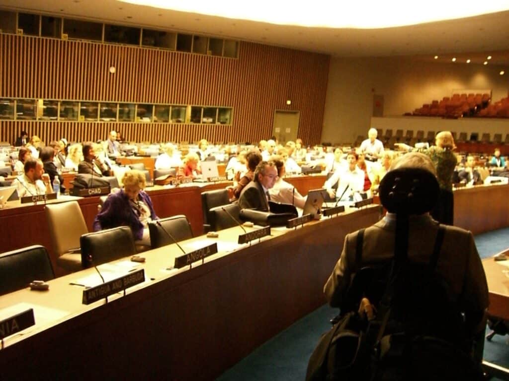 Förhandlingssalen i FN, fylld av representanter från International Disability Caucus. Det syns att det inte är formella förhandlingar, då civilsamhället sitter bakom staternas namnskyltar. Marcia Dugan, f.d. ordförande IFHOH sitter bakom Angola- och Andorra-skyltar, Kicki Nordström, WBU bakom Cameroon-skylt och Stefan Trömmel, EDF/ONCE bakom Algeria-skylt.